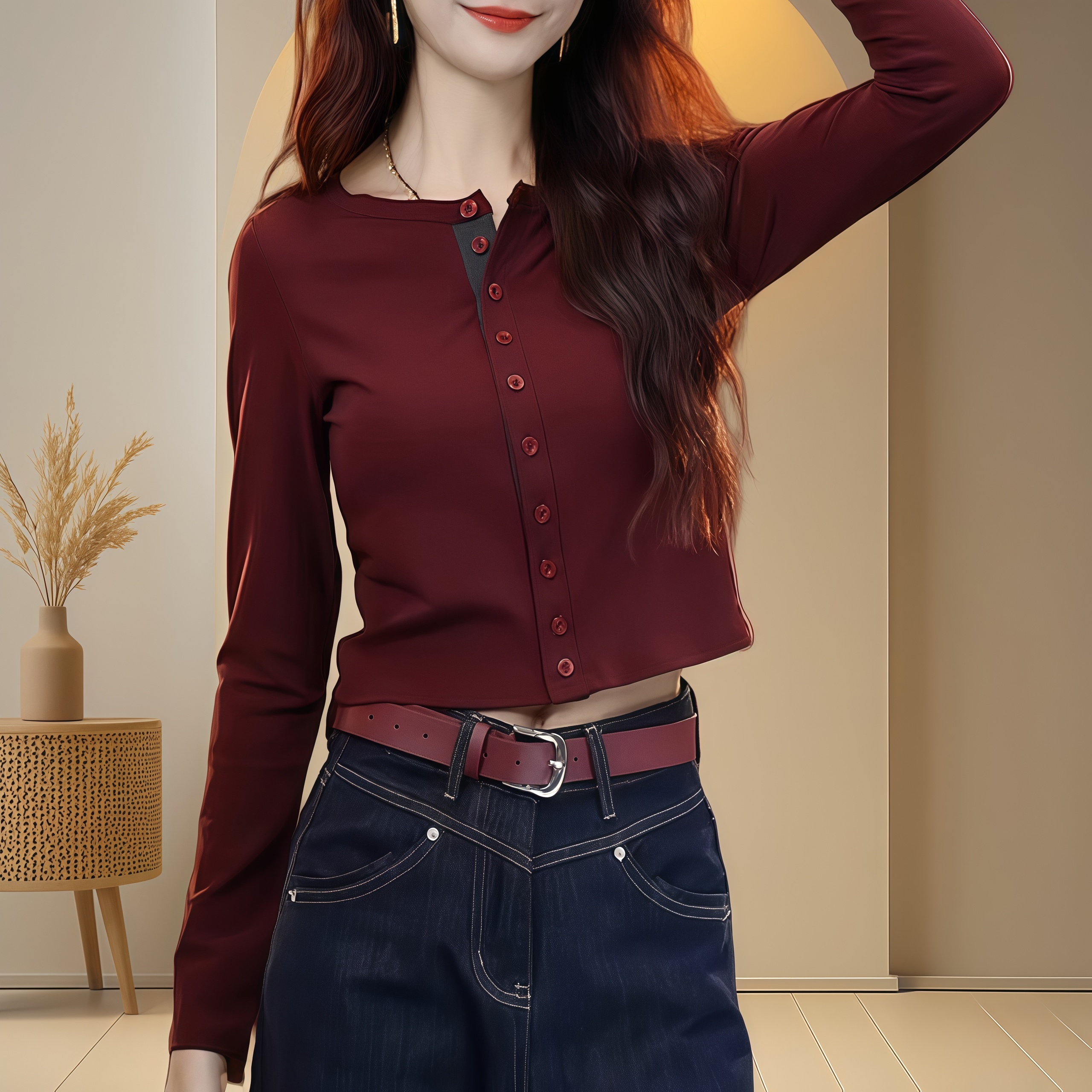 气质短款设计感安可拉红显瘦长袖针织衫单排扣修身打底衫圆领上衣