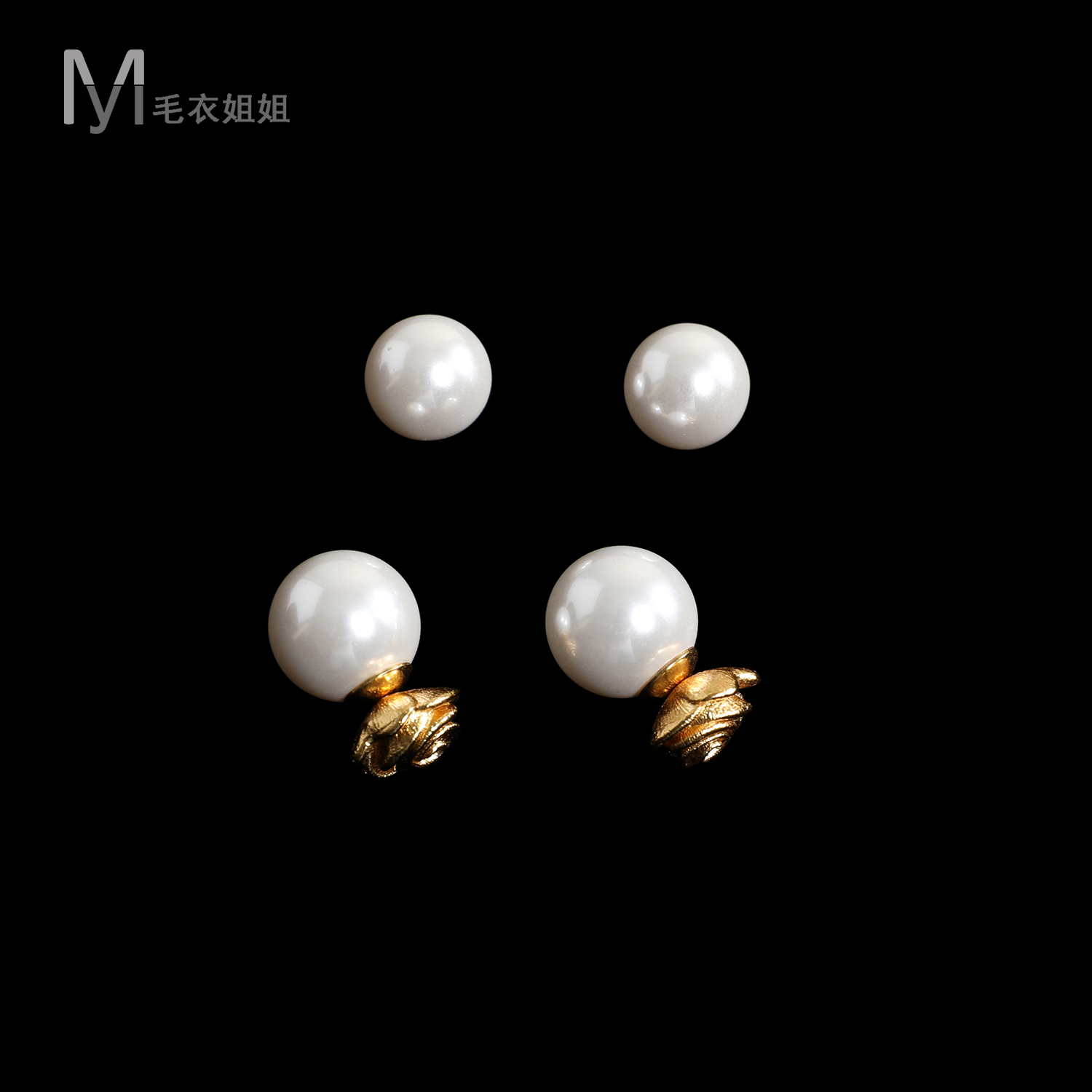 铜合金仿珍珠耳饰 拉丝玫瑰花三合一耳钉耳饰女8102-002