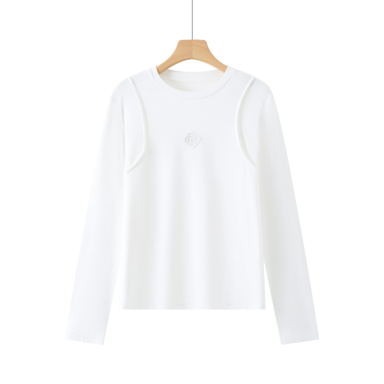 【品牌】25135秋冬新款百搭休闲绣花圆领打底简约时尚长袖上衣白色