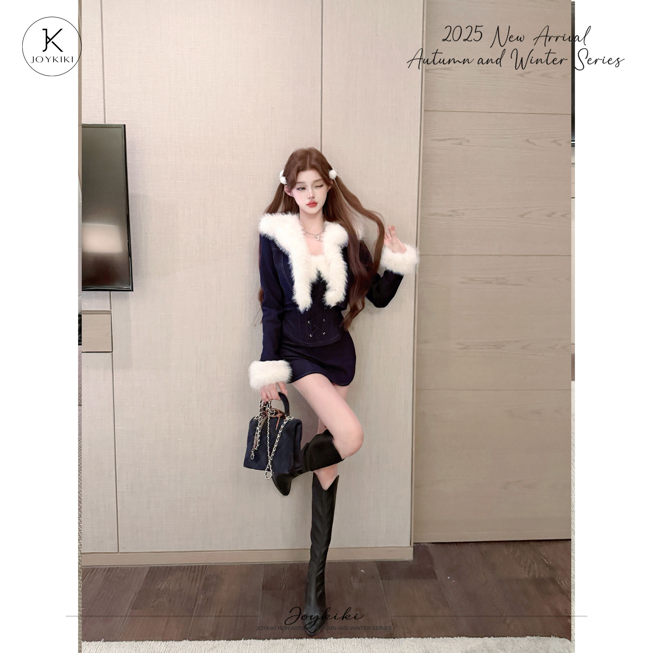 JOY KIKI鹅了么【雪国来信】秋冬厚款环保毛拼接撞色套装J25D311