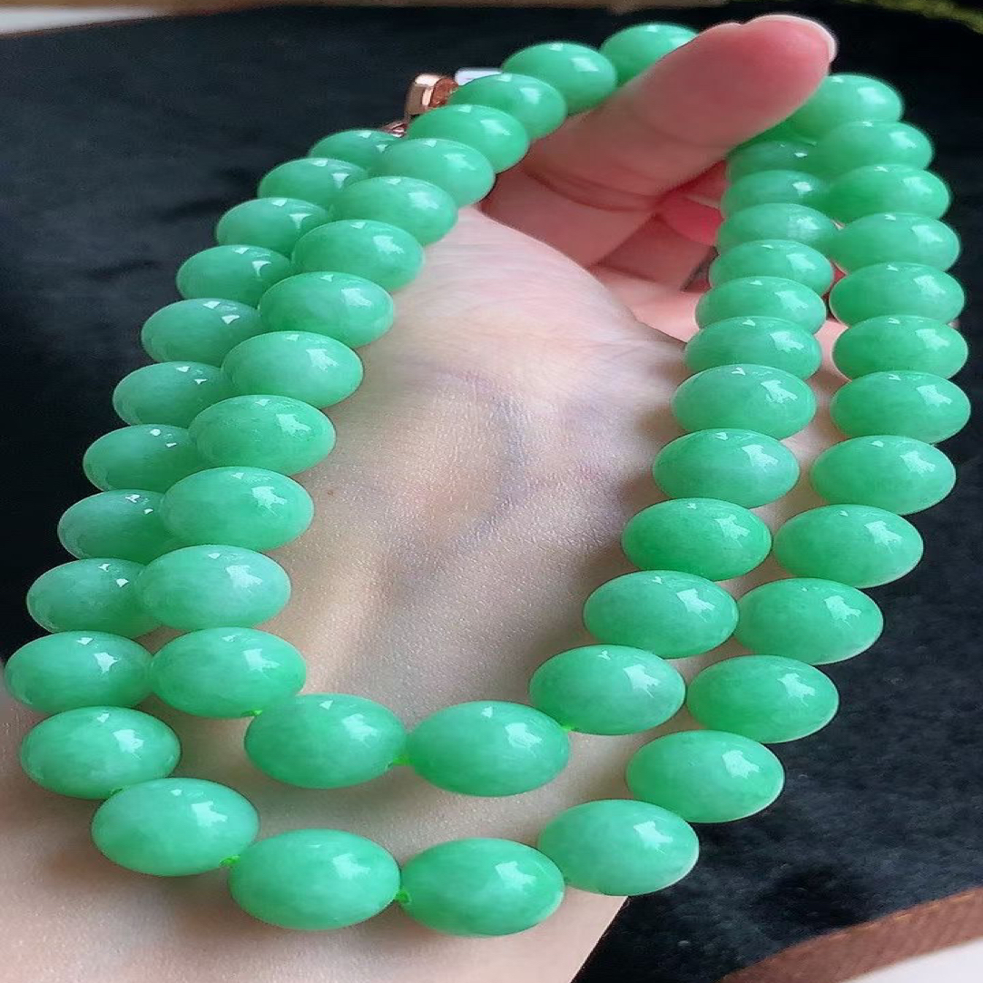 天然缅甸A货翡翠玉石珠宝礼物老坑阳绿圆珠项链j卡11+mm大珠链