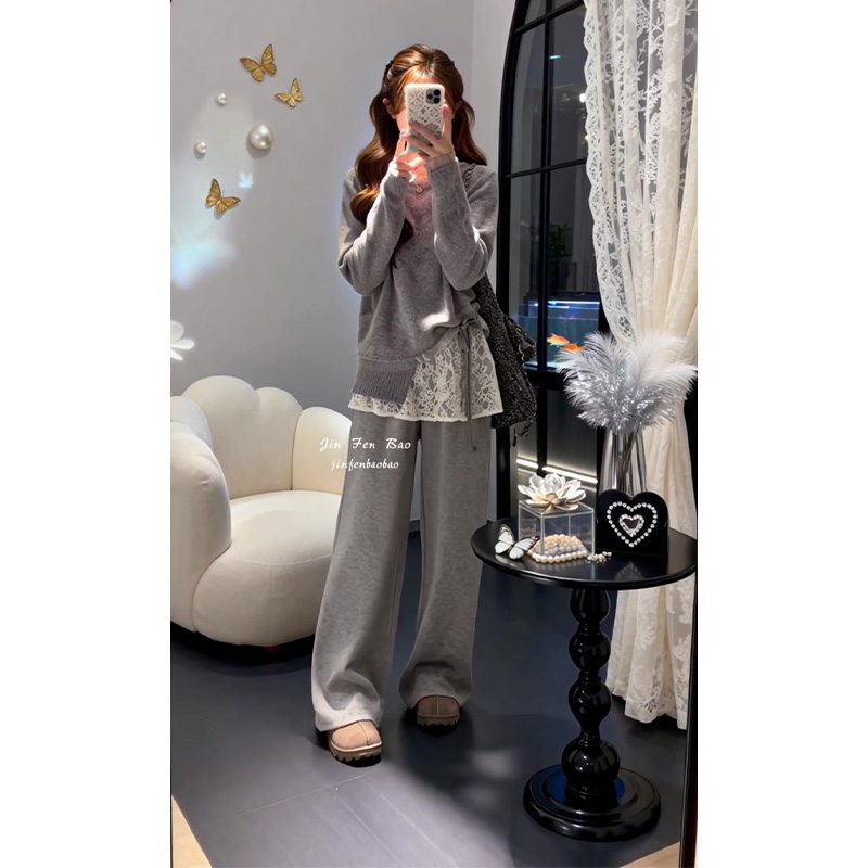 大方得体穿搭一整套冬季高级感蕾丝拼接毛衣显瘦休闲裤子两件套装