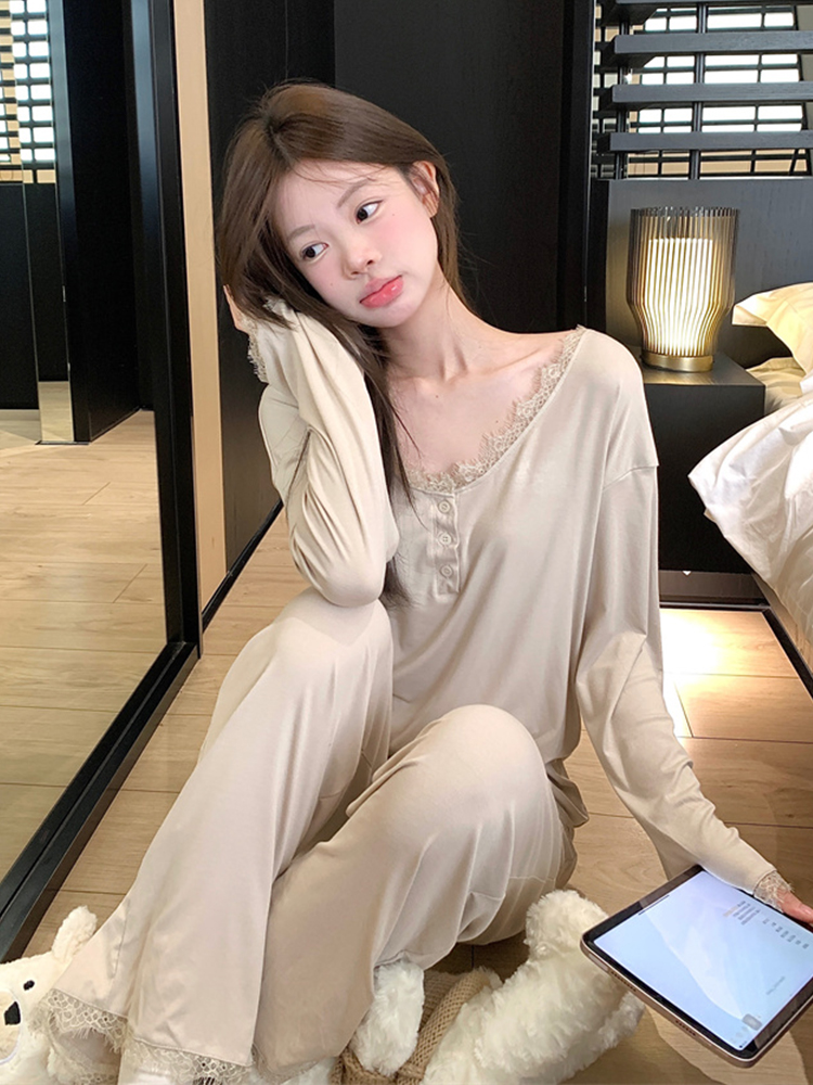 轻奢睡衣女款爆款2025新款秋季纯欲V领蕾丝长袖代尔棉家居服套装