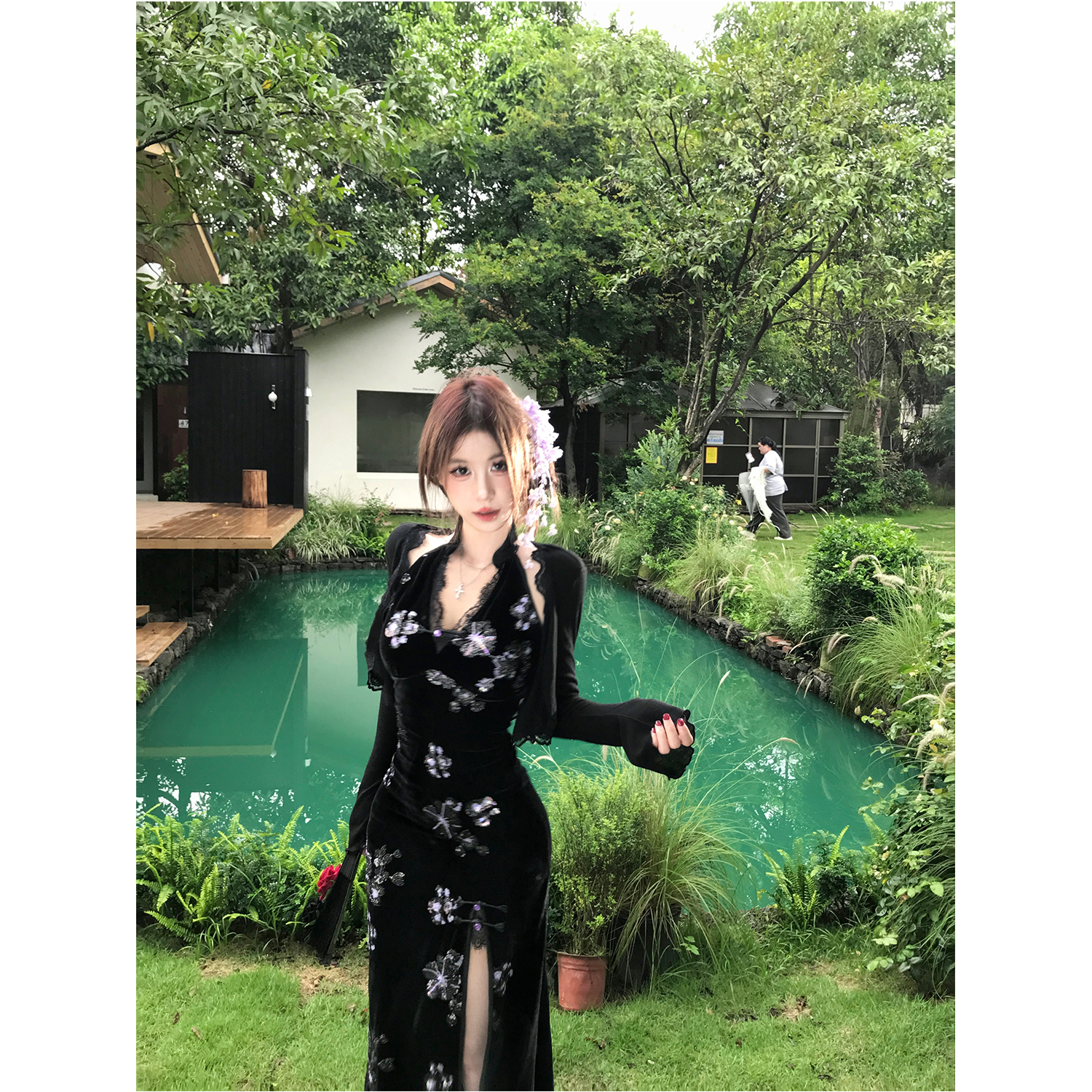 Mejiu蜜九【晚意添香】性感蕾丝挂脖连衣裙女夏季辣妹收腰长裙子