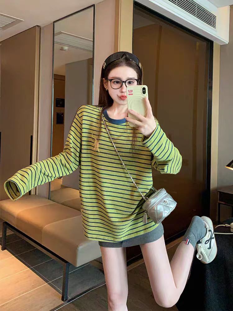 美式复古撞色条纹长袖t恤女2025新款冬季学院风潮牌宽松显瘦上衣