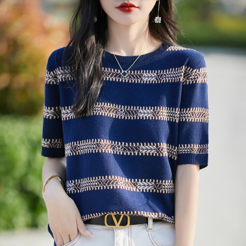 品牌女装正品时尚新款圆领条纹撞色半袖夏季时尚针织衫百搭T恤
