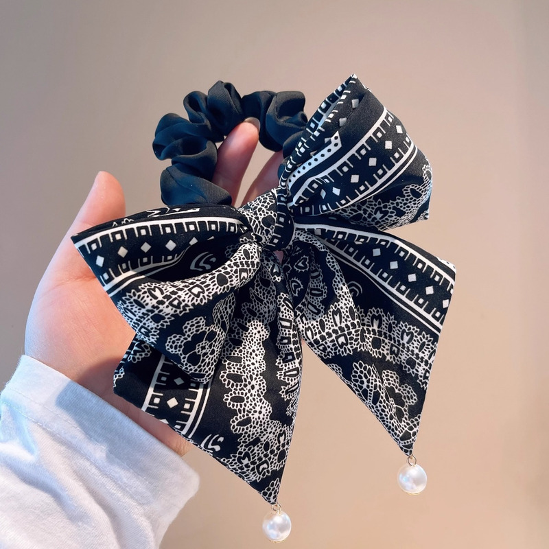 韩国复古民族风蝴蝶结珍珠吊坠飘带大肠发圈碎花头扎皮套仙女发饰