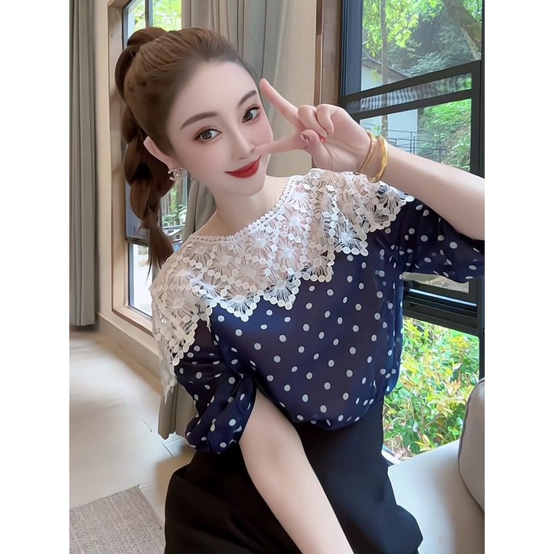 设计感气质蕾丝拼接波点短袖2025夏季新款洋气减龄衬衫时尚上衣