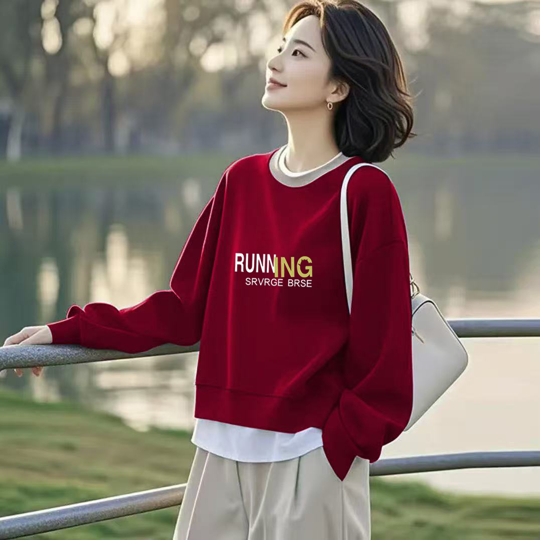 假两件加厚秋冬款卫衣女士高档圆领字母华棉显瘦洋气外穿上衣百搭