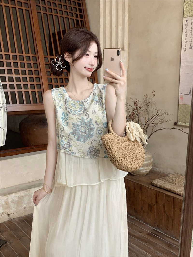 法式甜美不规则网纱拼接套装裙女夏季碎花背心上衣+半身裙两件套