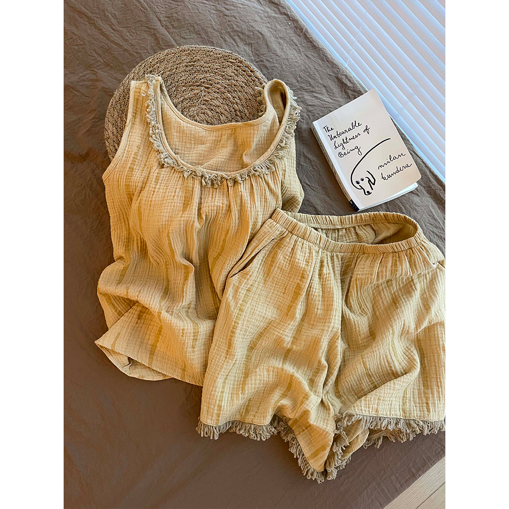 软绵绵流苏边带胸垫棉纱睡衣女2025夏季新款休闲风背心短裤家居服