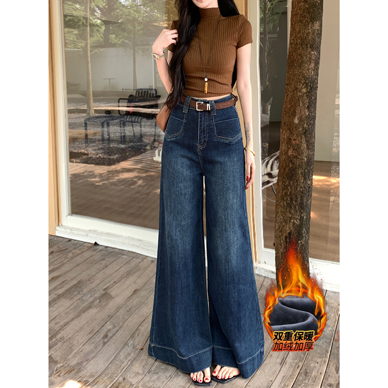 深色复古宽边加绒大阔腿牛仔裤女2025冬季新款口袋装饰高腰拖地裤