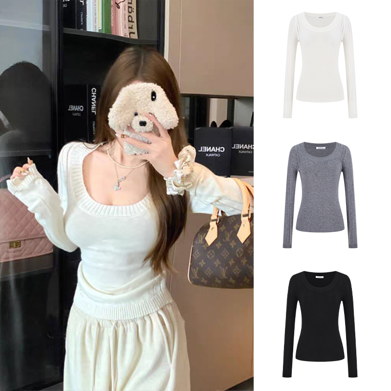 Moses Queen/魔西女王米白正肩U领长袖T恤打底衫辣妹修身显瘦上衣