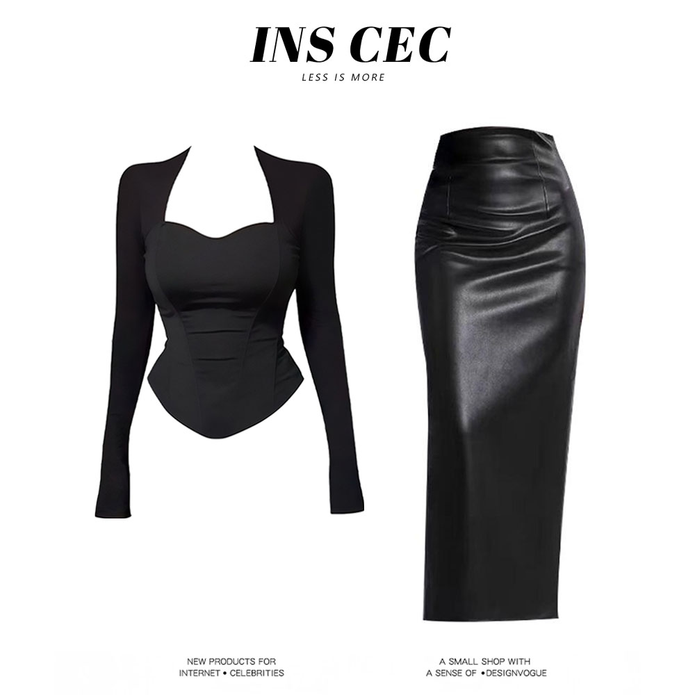 【同款性价比】韩系辣妹纯欲风方领黑色长袖T恤上衣包臀半身裙套装