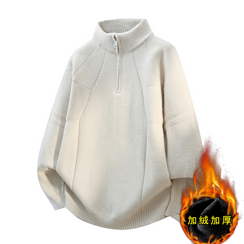 半拉链立领毛衣男秋冬季加绒加厚套头针织衫男士高级感纯色毛线衣