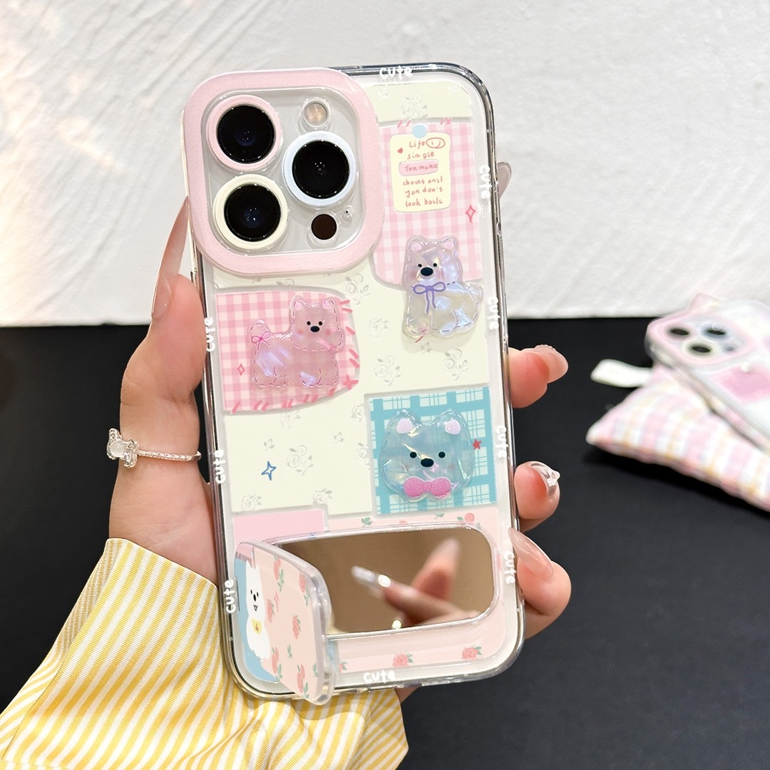 碎花小狗公仔适用苹果17/16pro支架透明手机壳华为oppo小米15vivo