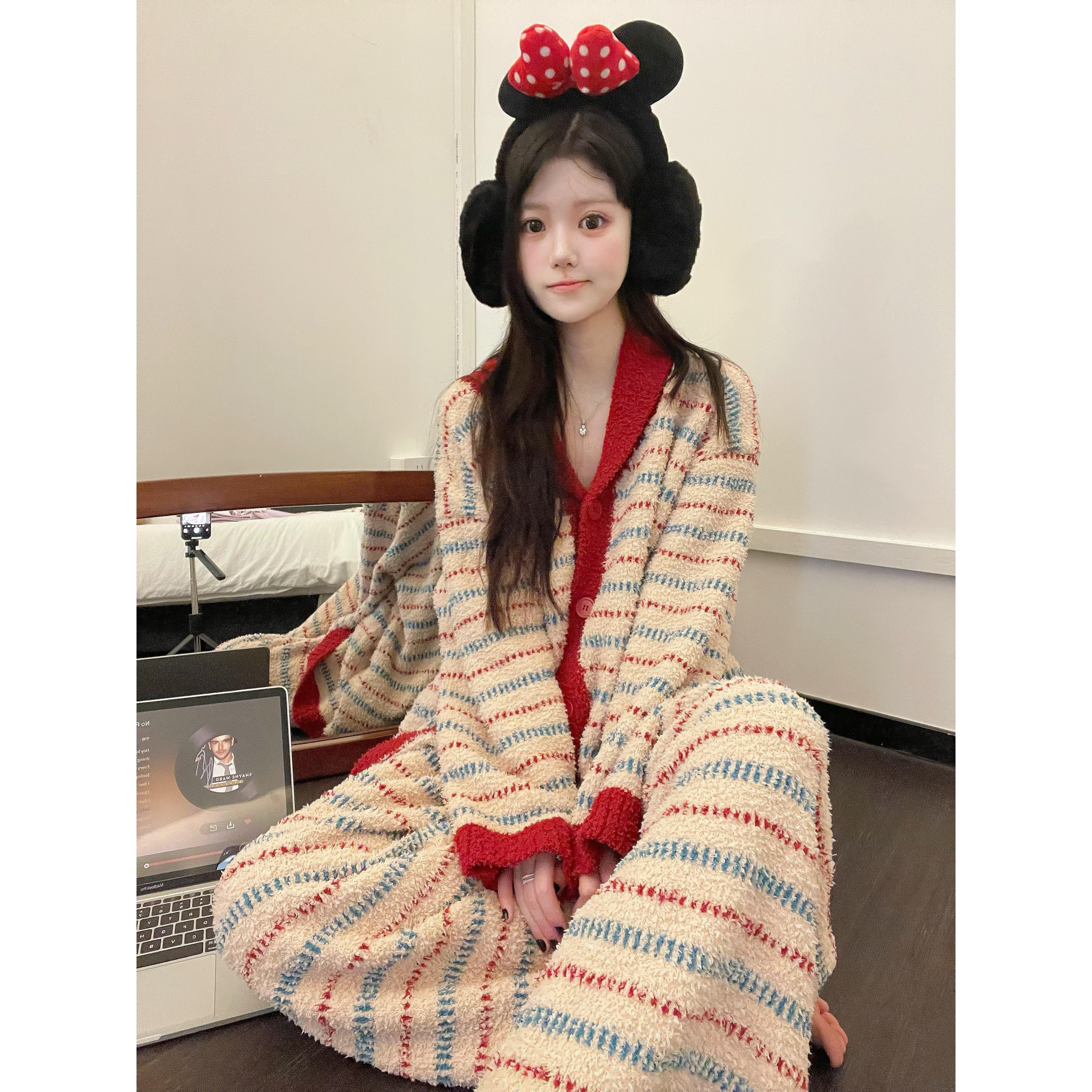 甜美风可爱半边绒睡衣女春秋季2025新款长袖长裤可外穿家居服套装