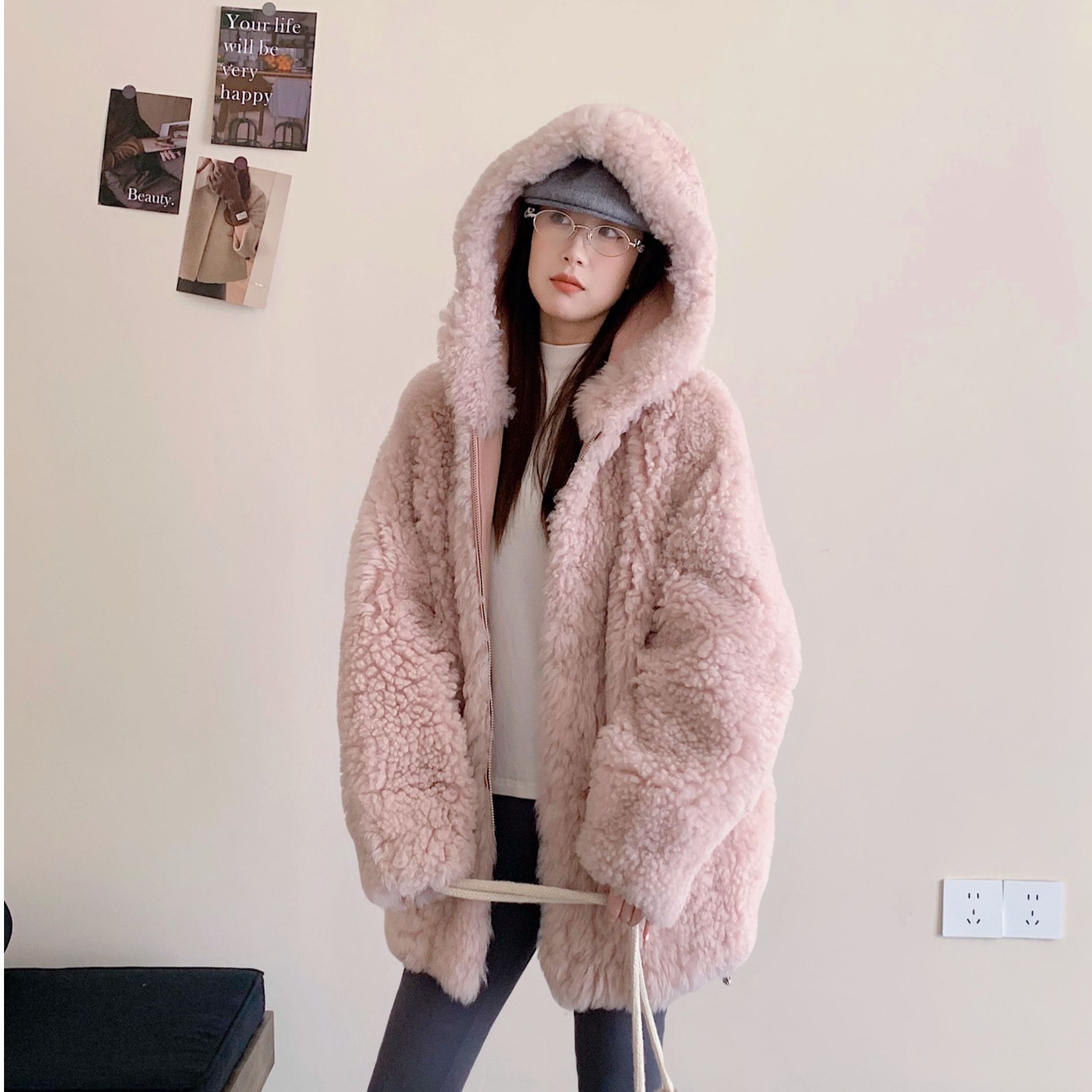 JIAY冬日托卡羊皮毛一体中长连帽廓版拉链冬季海宁皮草外套女正品