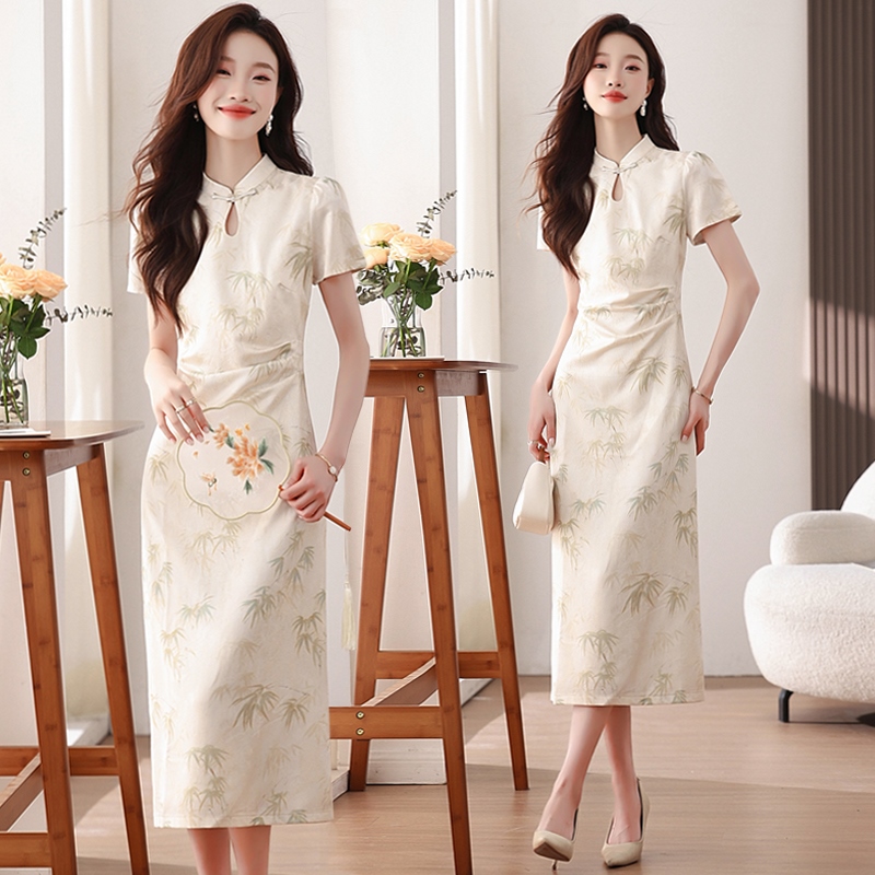 实拍2025夏季新款竹叶腰臀比好美收腰新中式国风旗袍显瘦连衣裙