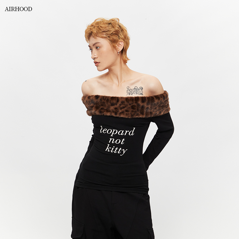 AIRHOOD 美式豹纹一字肩长袖T恤女秋季性感修身显瘦辣妹上衣N5342