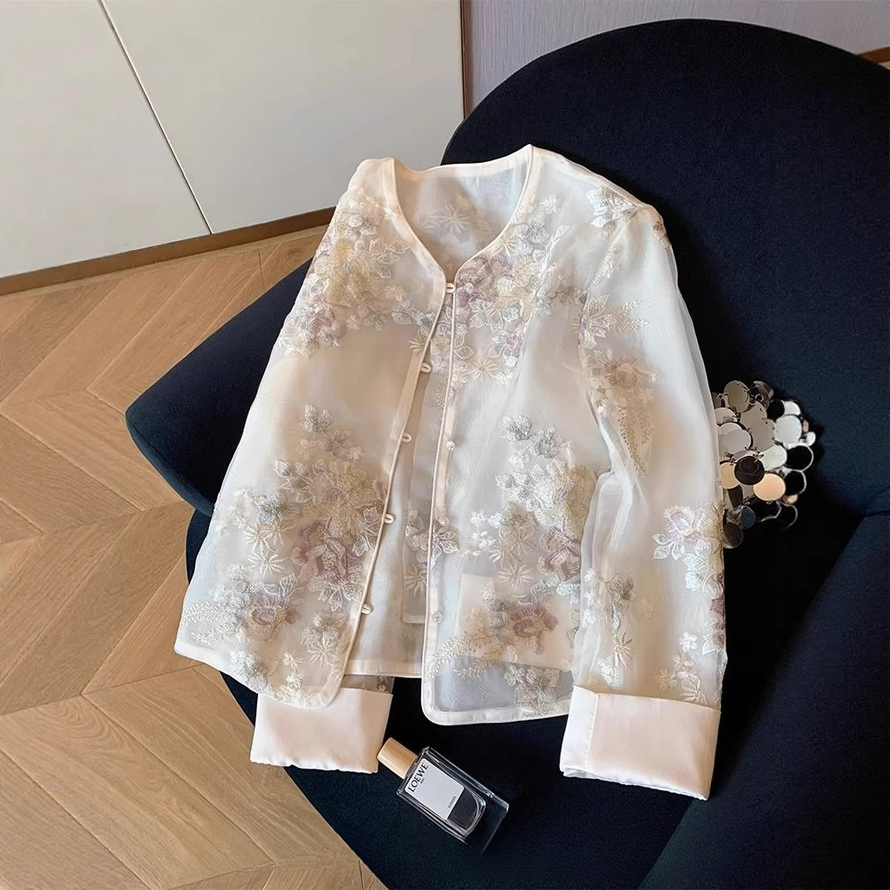 新中式重工刺绣欧根纱外套女夏新款国风气质温柔微透薄款防晒上衣