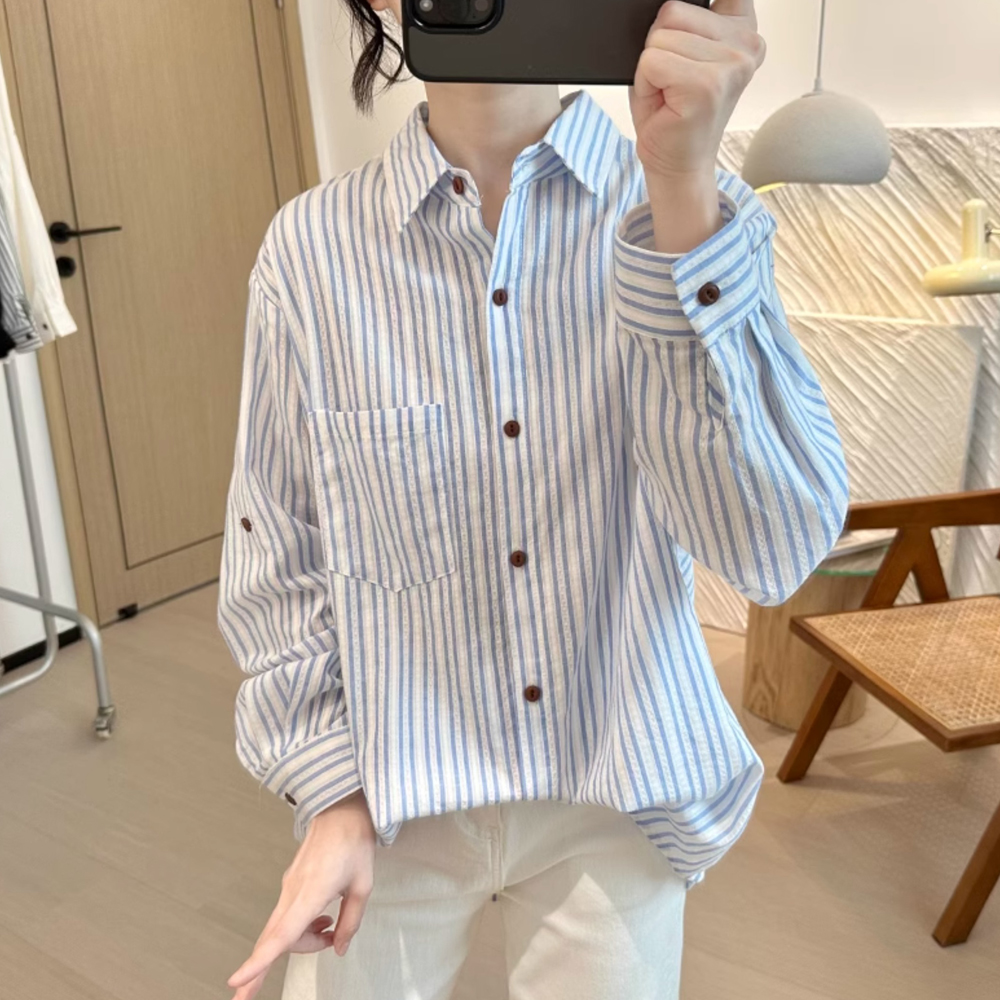 春秋polo领新款宽松纯棉条纹减龄休闲衬衫洋气显瘦拼接百搭衬衣女