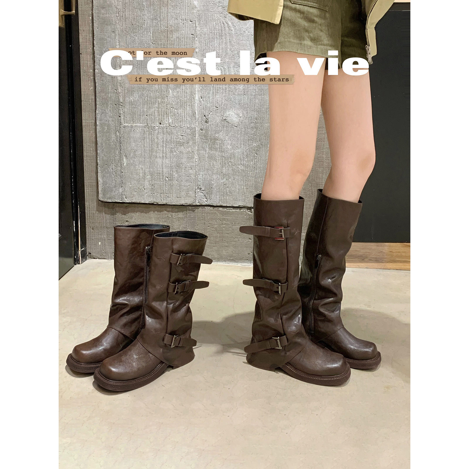 小个子圆头复古厚底裤管靴女2025新款冬季小众设计长筒靴褶皱堆堆