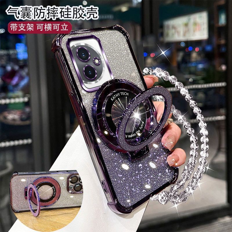 四角防摔荣耀100手机壳MAAAN00女款护镜流行闪粉支架手链软硅胶防