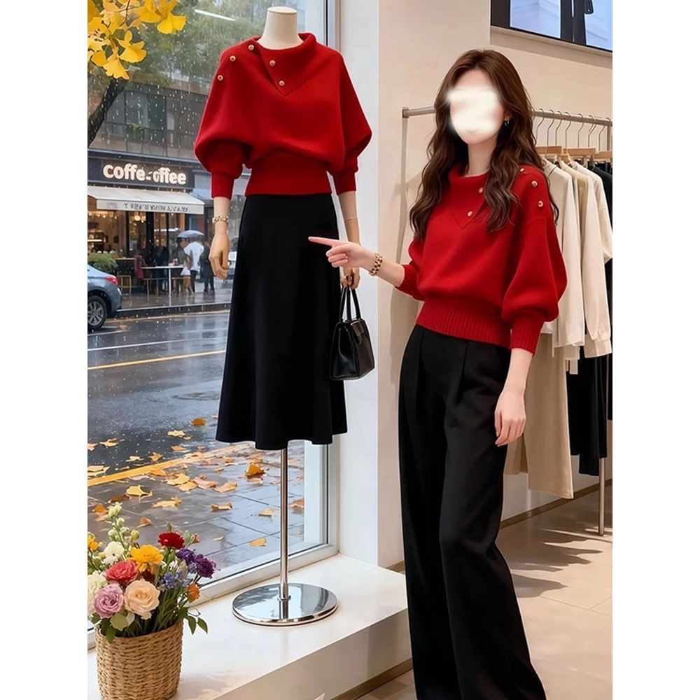 韩系宽松慵懒风高级感独特漂亮多巴胺红色不规则领针织衫毛衣女秋