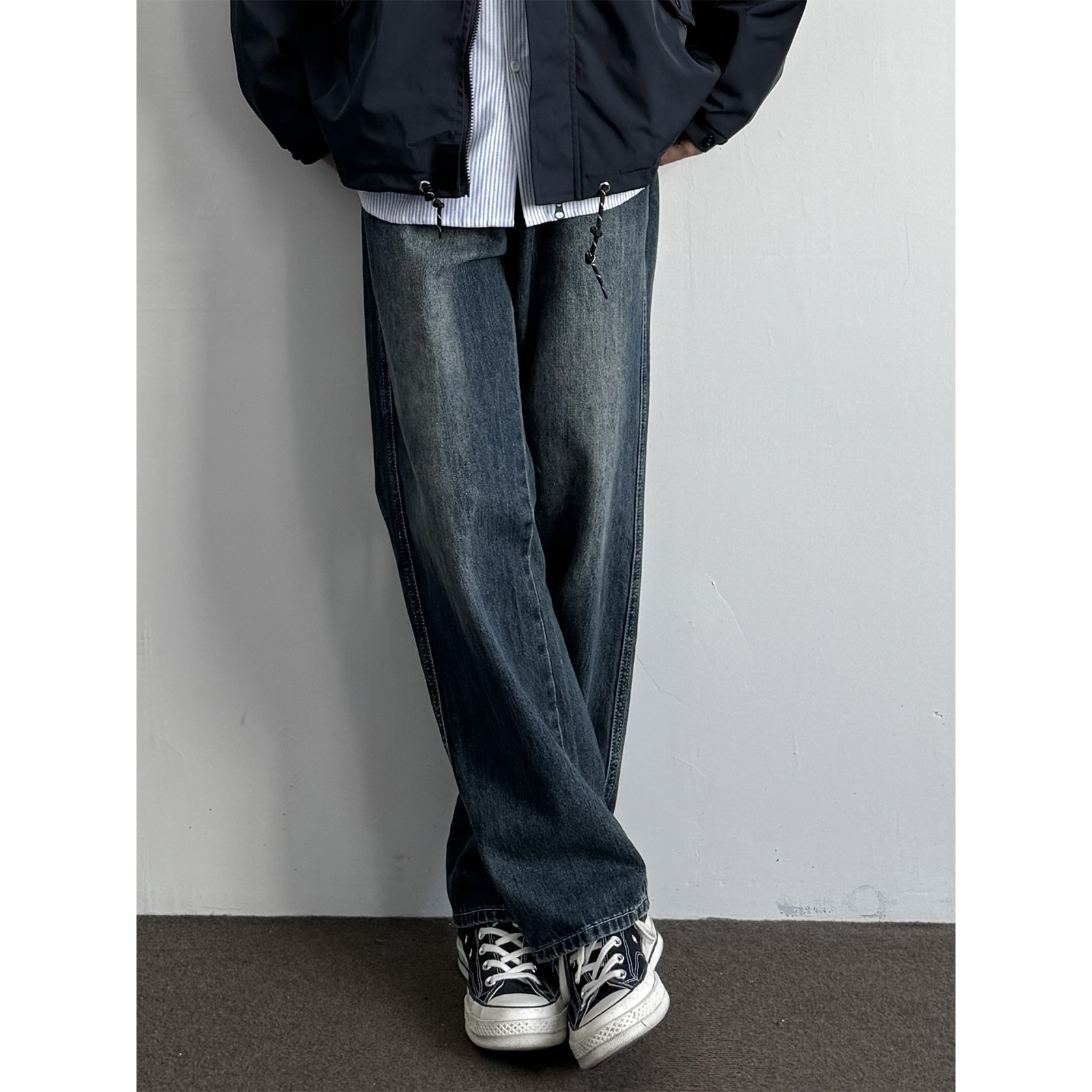 ONUN 美式复古水洗宽松直筒牛仔裤cleanfit休闲深蓝休闲长裤潮流