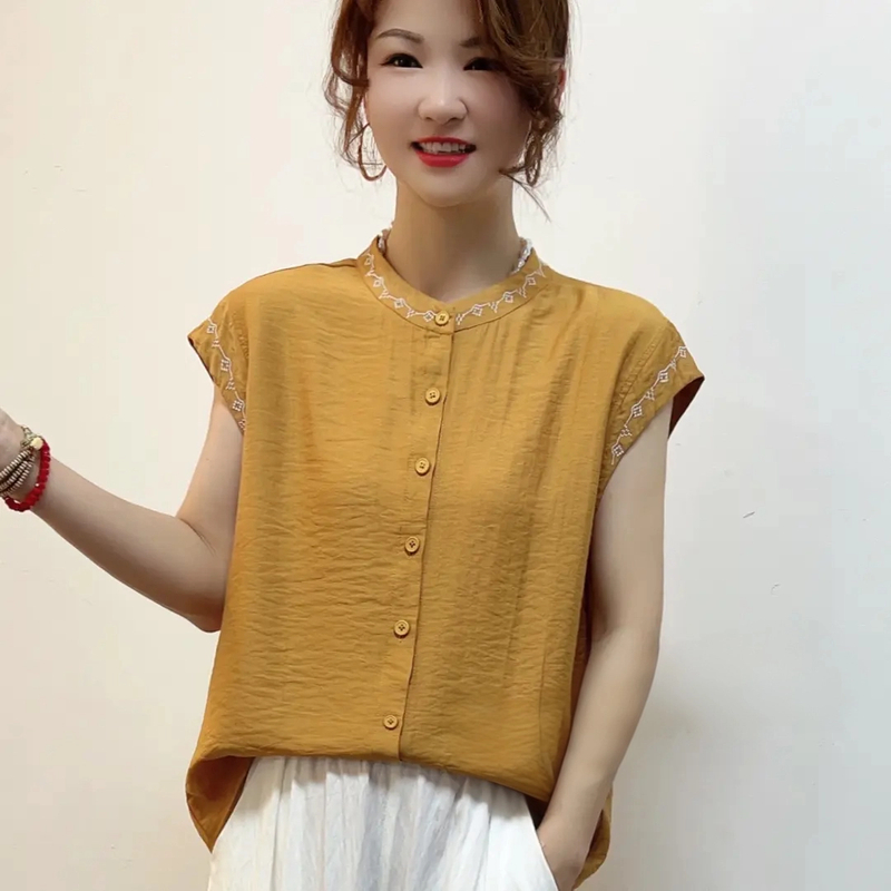 夏季新款洋气刺绣百搭显瘦减龄衬衫女气质优雅休闲纯色T恤短袖