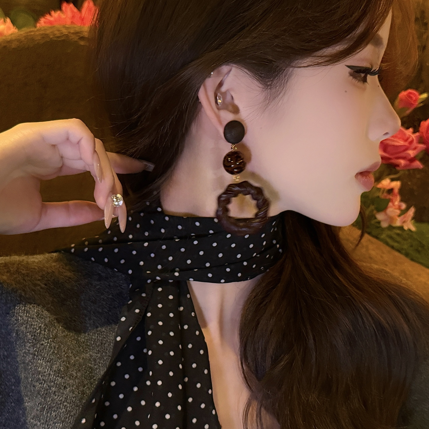 非金属皮质耳饰 皮质编织长款圆圈耳环个性时尚复古设计感耳饰