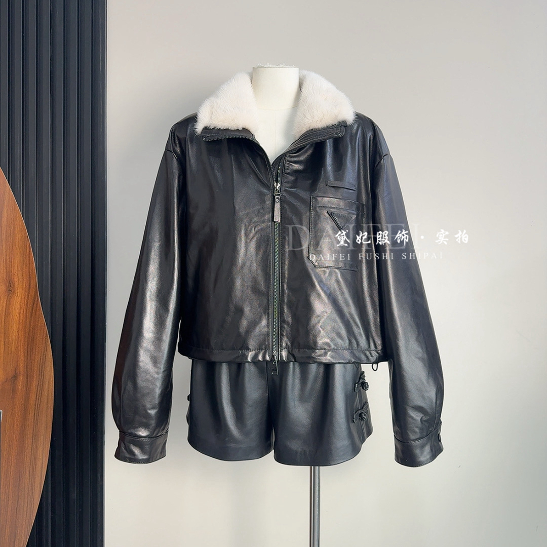 欧货水貂毛领绵羊皮油蜡皮机车夹克2025冬鹅绒服加厚真皮皮衣外套