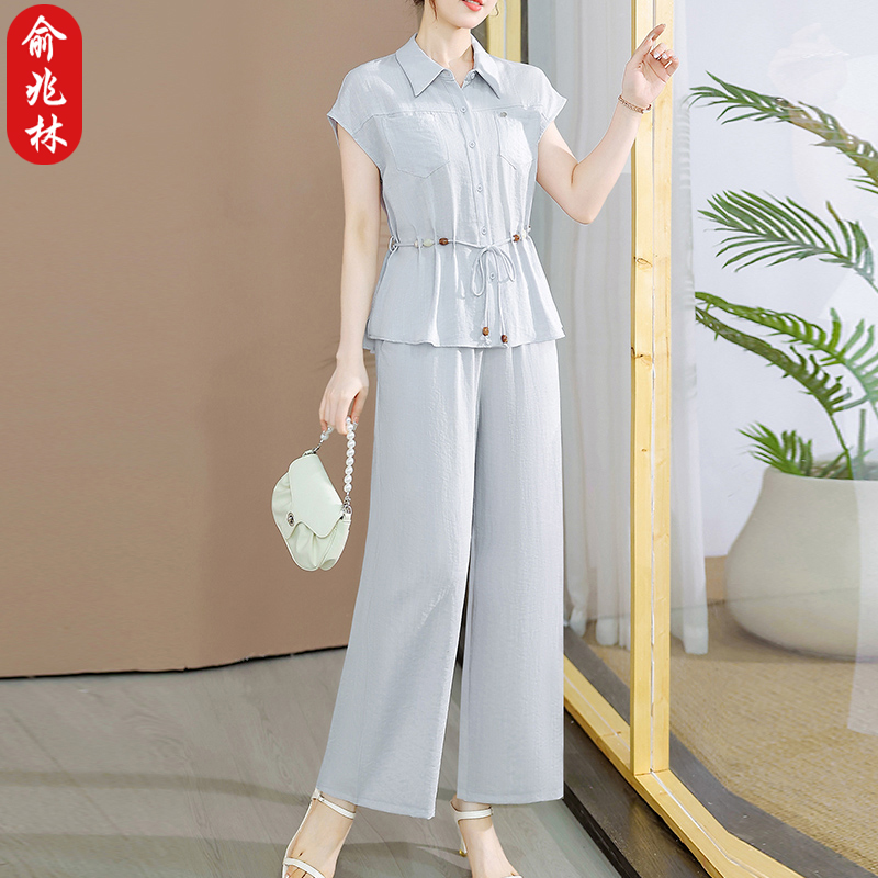 俞兆林妈妈夏装洋气衬衫套装收腰显瘦中老年人女装减龄上衣两件套