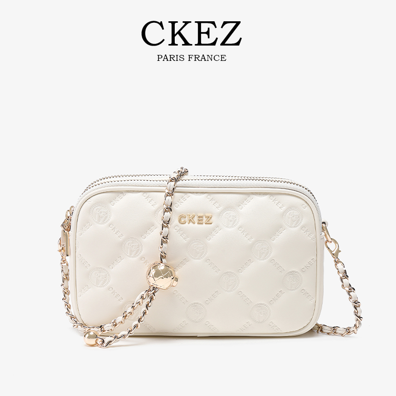 CKEZ/上新春夏新款2025欧若风白色百搭菱格链条斜挎手机小方包女