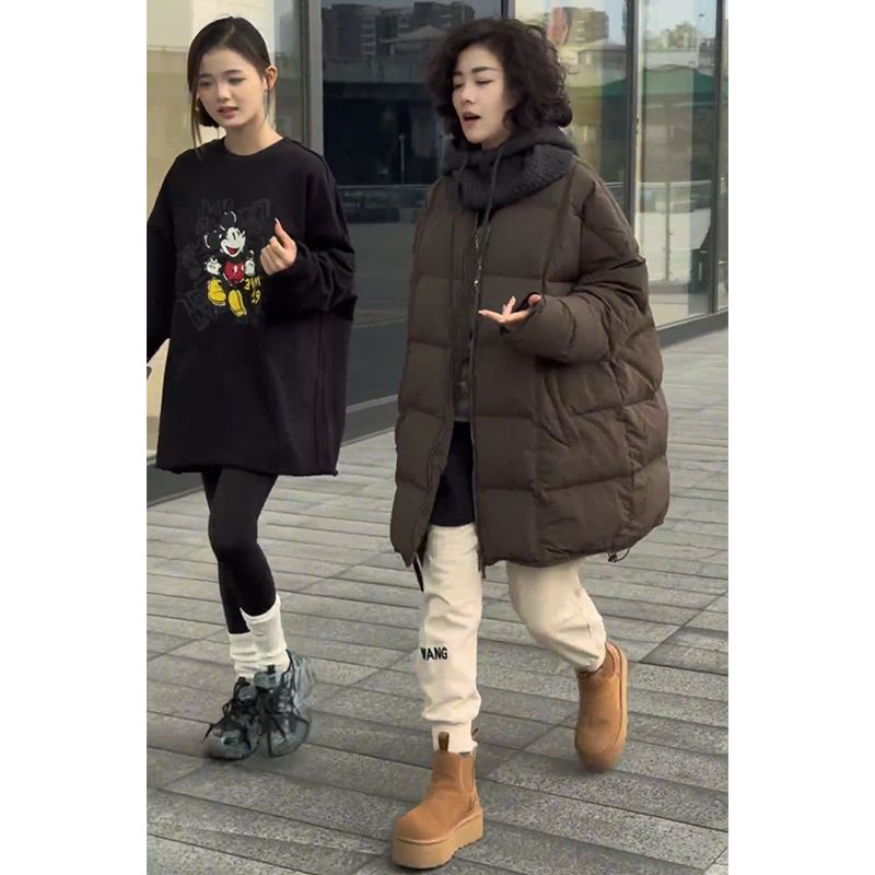 韩版百搭宽松中长款外套女欧洲站2024冬季新款时尚纯色拉链上衣潮