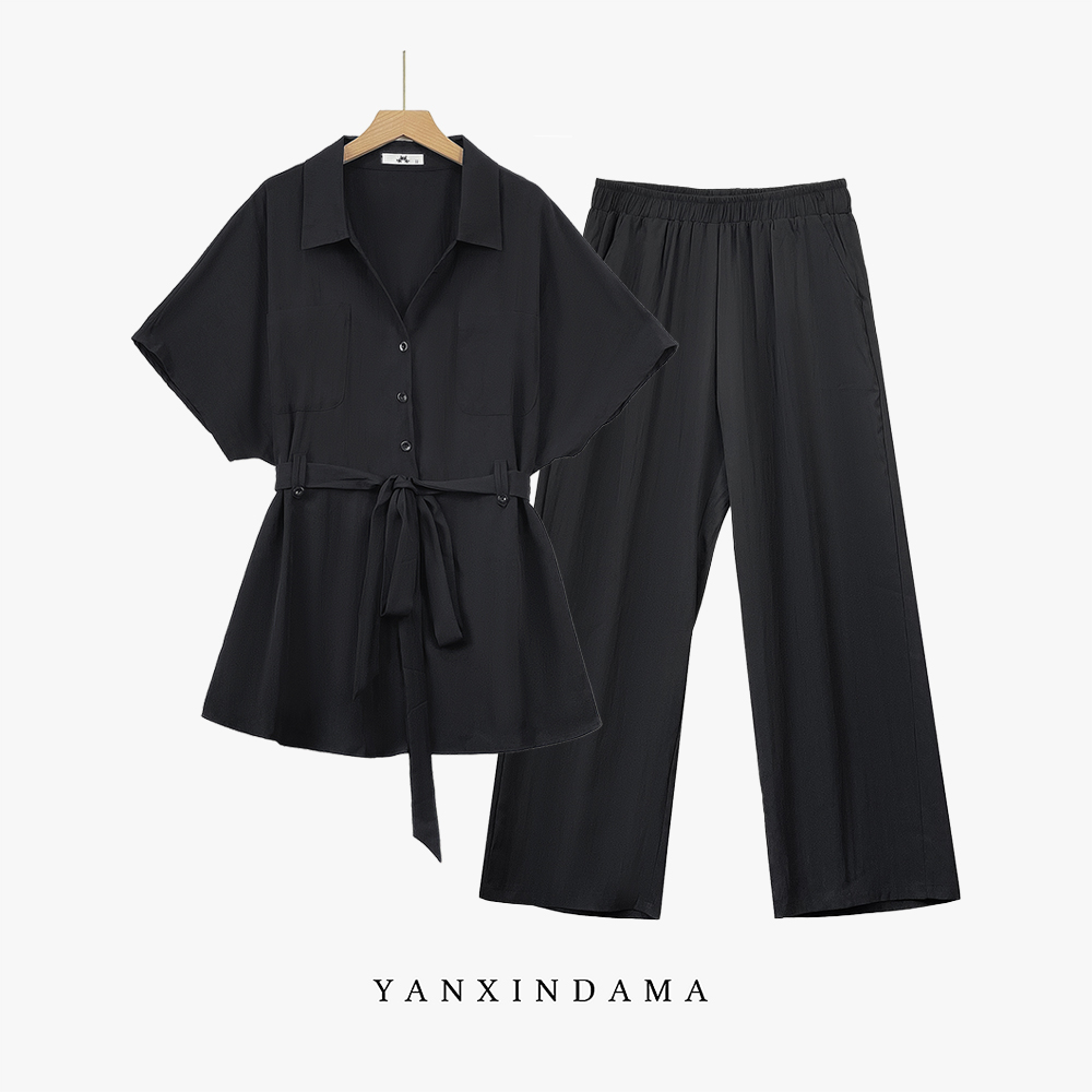 【岩心】大码女装300斤胖MM通勤气质V领短袖衬衫+高腰阔腿裤套装168