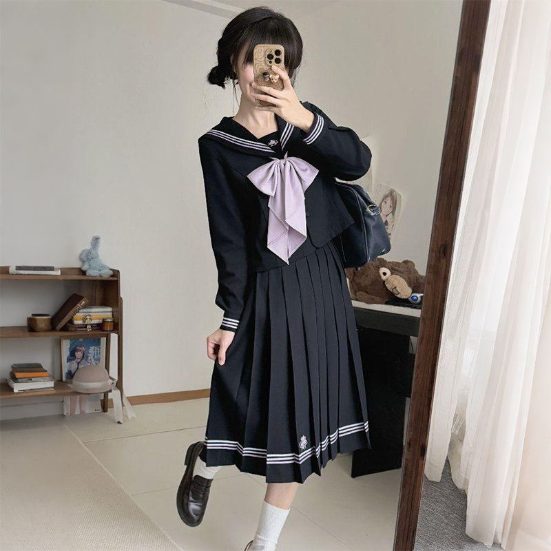 原创秋冬加厚jk长袖垂感面料紫三本学院风正统校供收腰水手服套裙