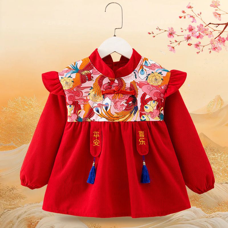 国风罩衣儿童拜年服秋冬外穿宝宝吃饭围兜女孩防脏洋气防水公主裙