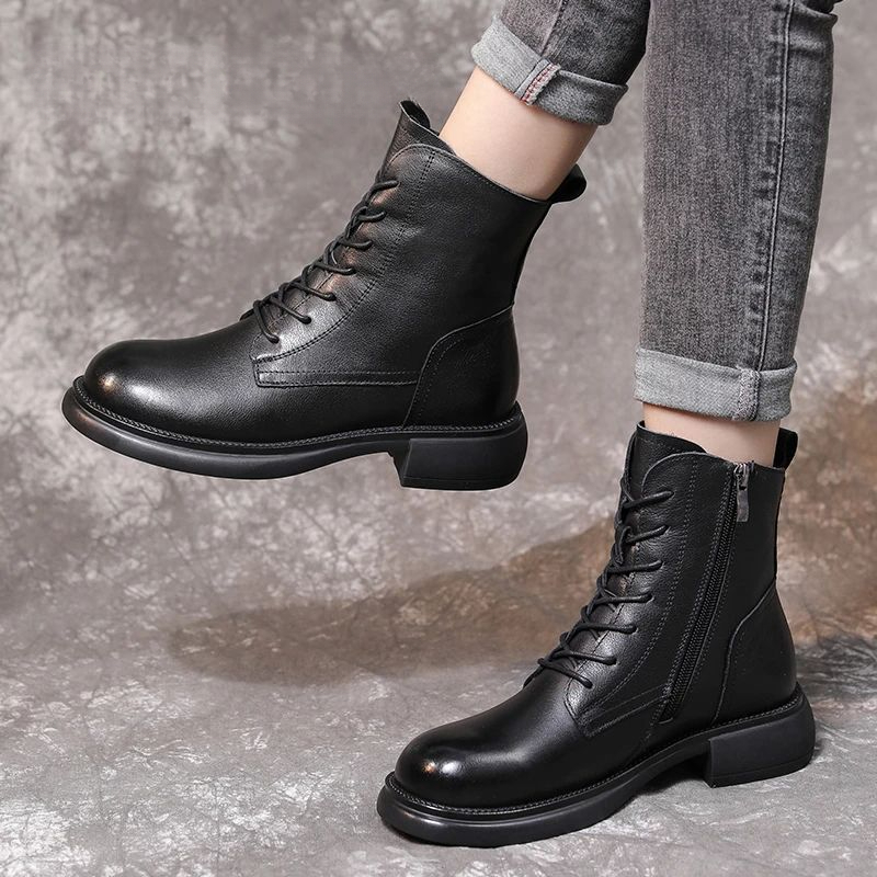 头层牛皮马丁靴2025秋冬新款英伦小皮鞋短靴平跟厚底女鞋增高短靴