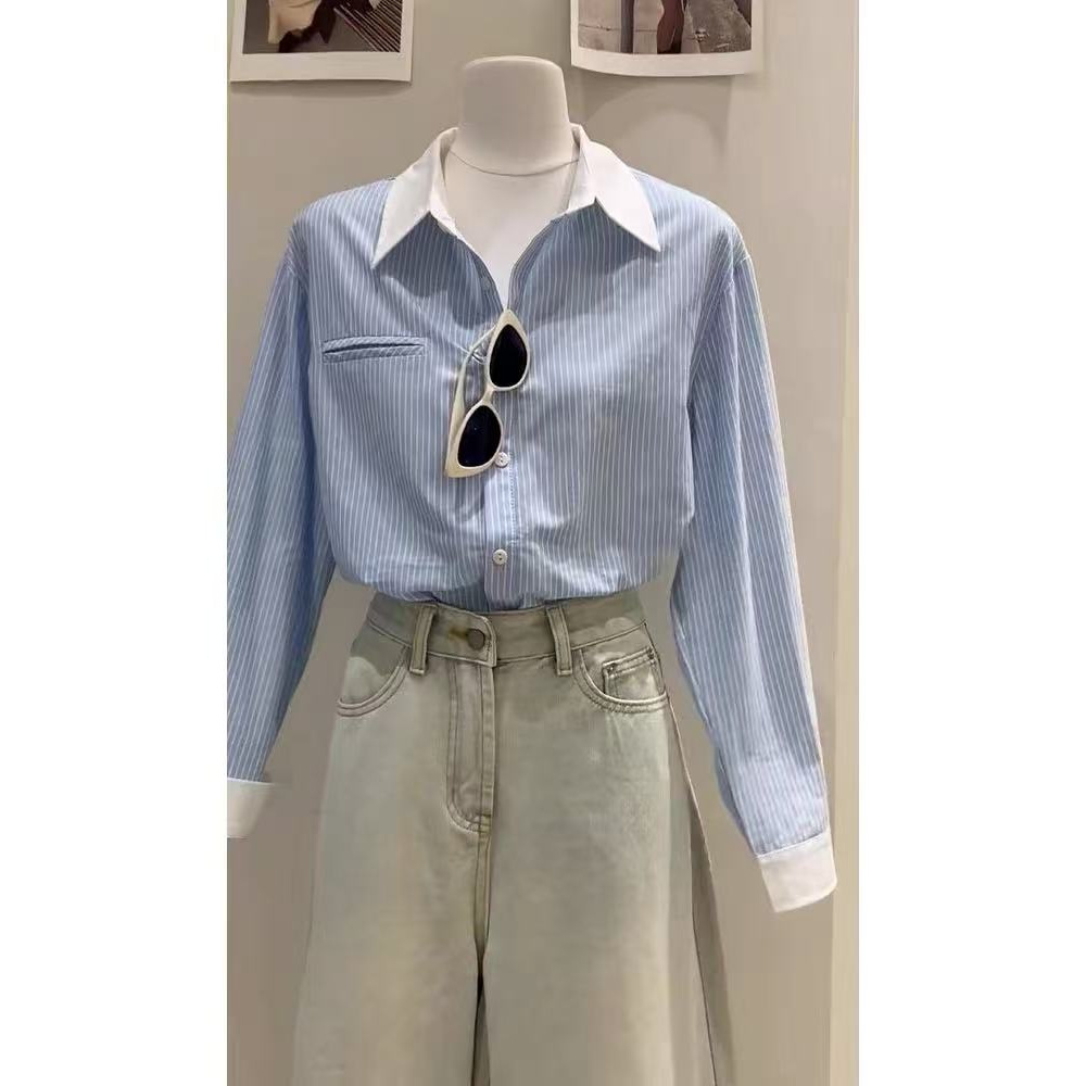 1韩系设计感拼色条纹衬衫女春款上衣蓝色长袖通勤百搭