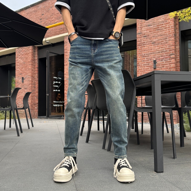 纯色蓝色锥形直筒牛仔休闲长裤新款男士经男士流光风男士蓝色直筒