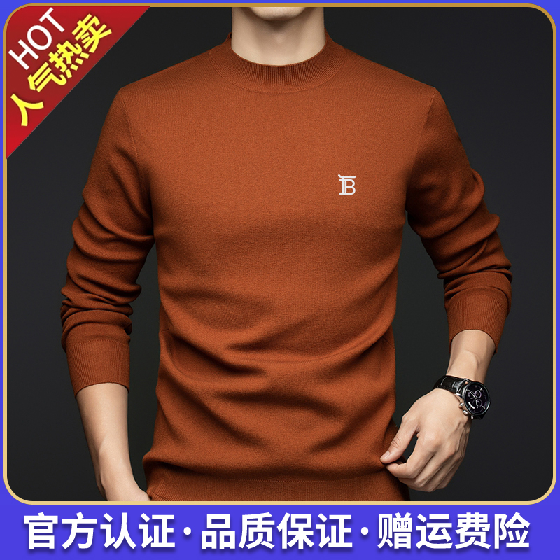 【专柜正品】欧洲轻奢秋冬季男士高档休闲百搭半高领刺绣羊绒针织衫