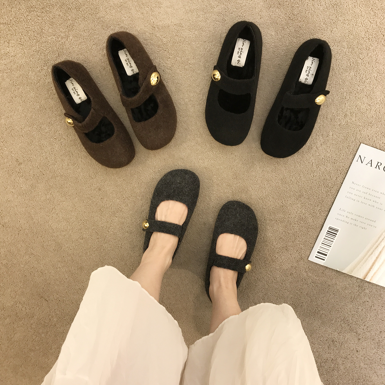 复古晚晚风灰色毛毡一字带圆头玛丽珍鞋百搭内增高厚底呢子勃肯鞋