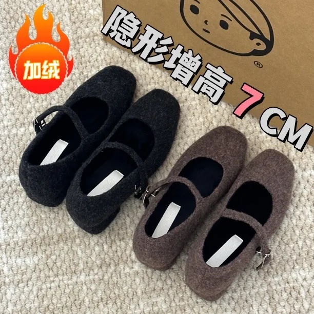 秋冬新款内增高玛丽珍鞋黑色加绒保暖单鞋女晚晚毛毛鞋女外穿超软