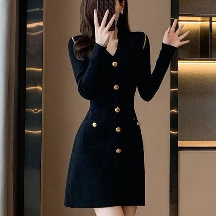 法式黑色针织女装2023秋冬新款优雅修身长袖底裙