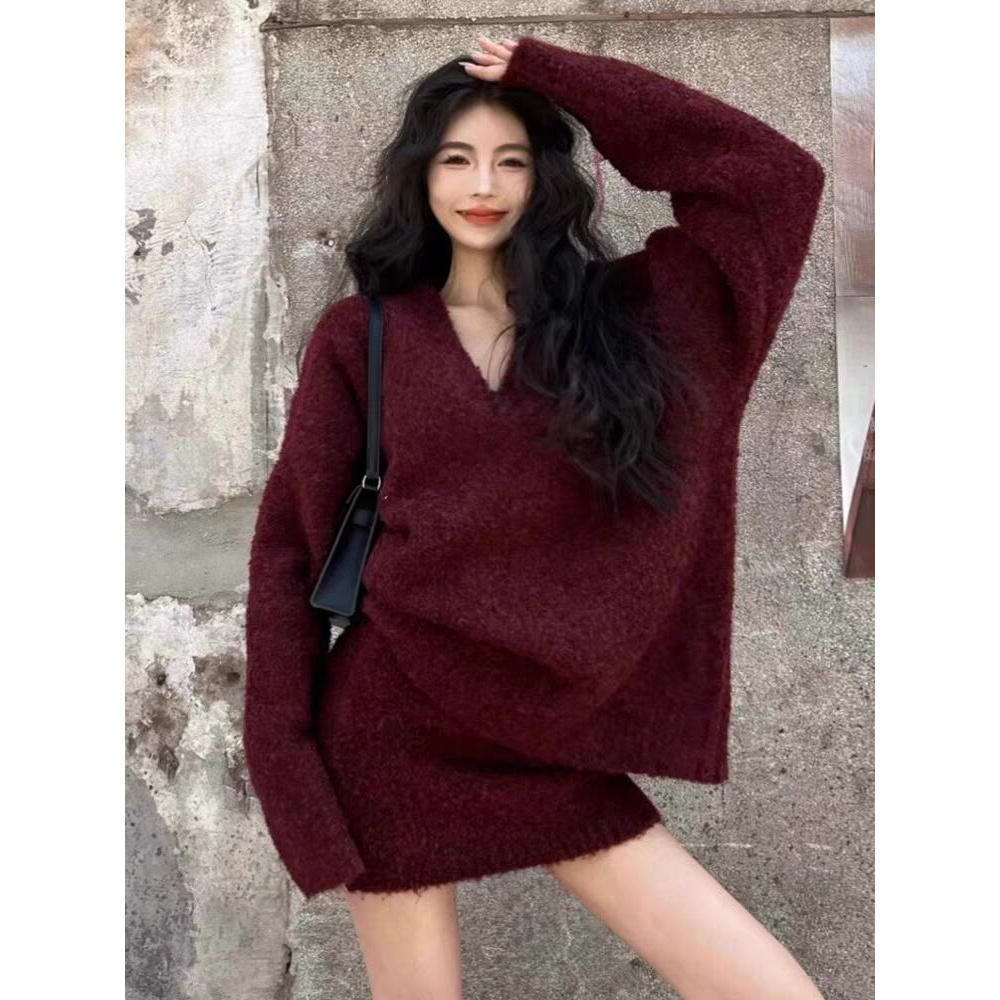 韩系气质穿搭一整套秋冬季女装慵懒风v领毛衣针织包臀短裙两件套