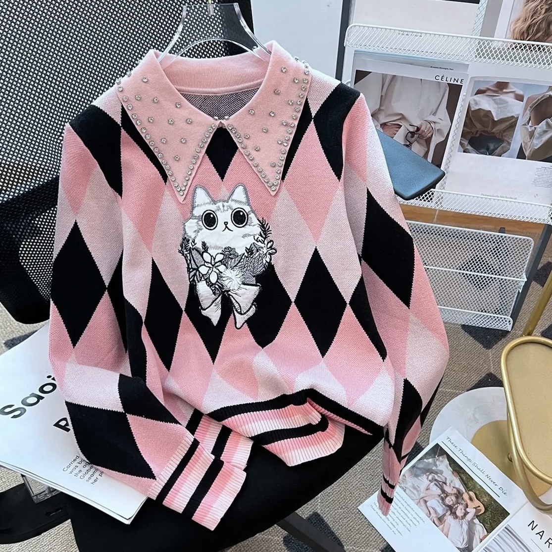 【威尼斯买手店-A】重工钉珠甜美彩色菱格刺绣猫咪翻领针织衫378#