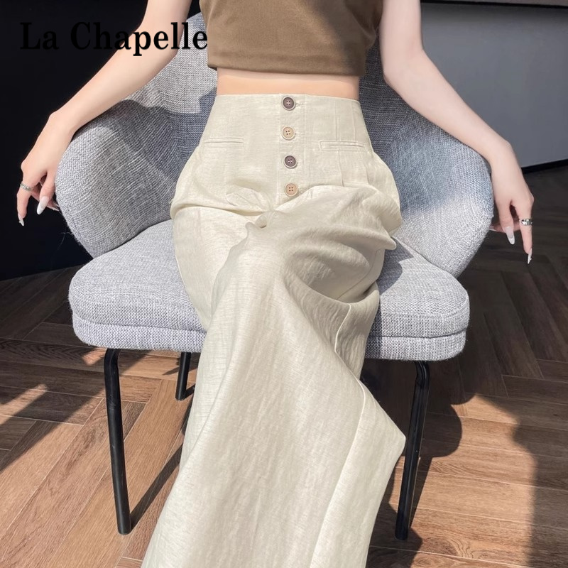 拉夏贝尔棉绸阔腿裤女秋装新款高腰窄版直筒亚麻裤宽松垂感休闲裤