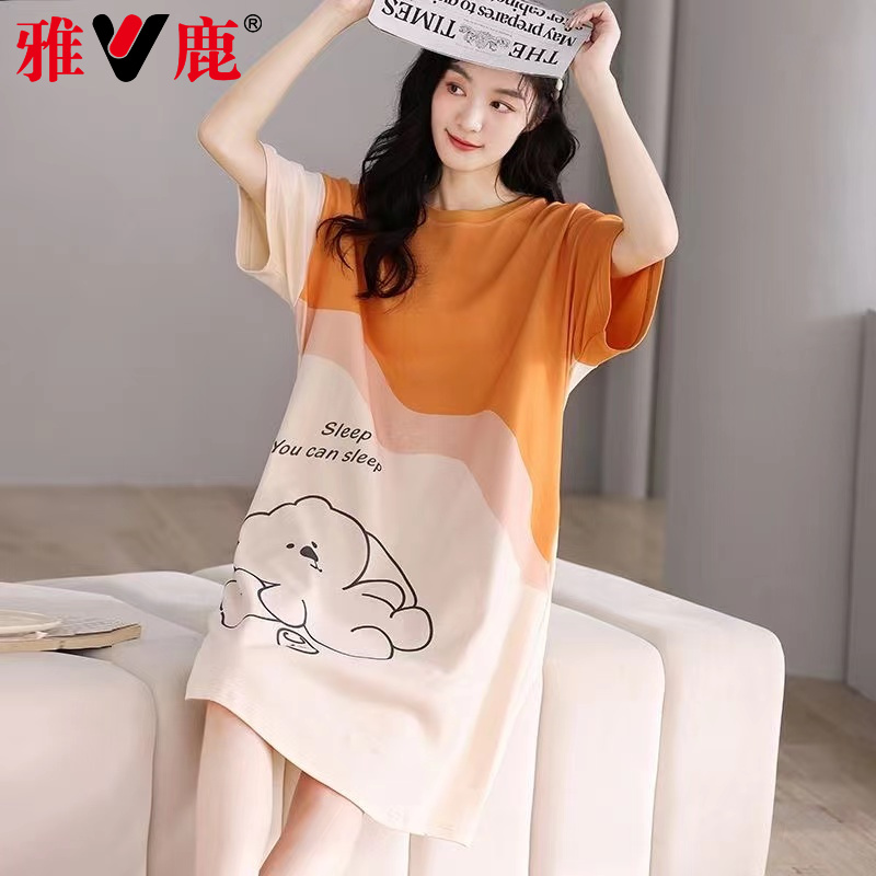 雅鹿睡裙纯棉女夏可爱学生宽松加大码女士中长款睡裙家居服可外穿